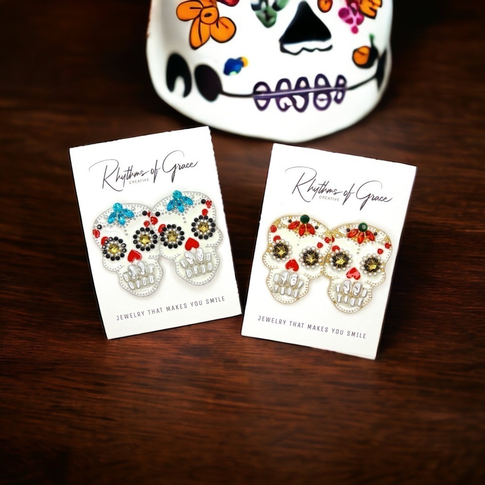 NWT Sugar Skull Earrings - Rhinestone Halloween  and Dia De Los Muertos Jewelry - Picture 7 of 8